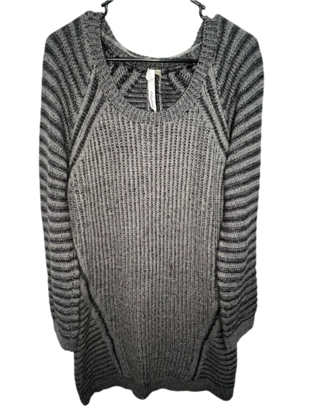 NY Collection Grey Striped Knit Mini Long Sleeve Sweater Dress